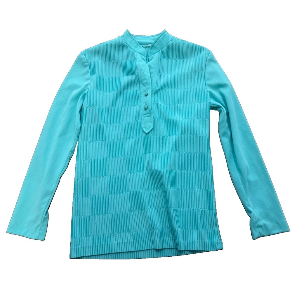 Vintage 60s 70s Turquoise Double Knit Tunic Top Size 10 Pleated Mod Long Sleeve